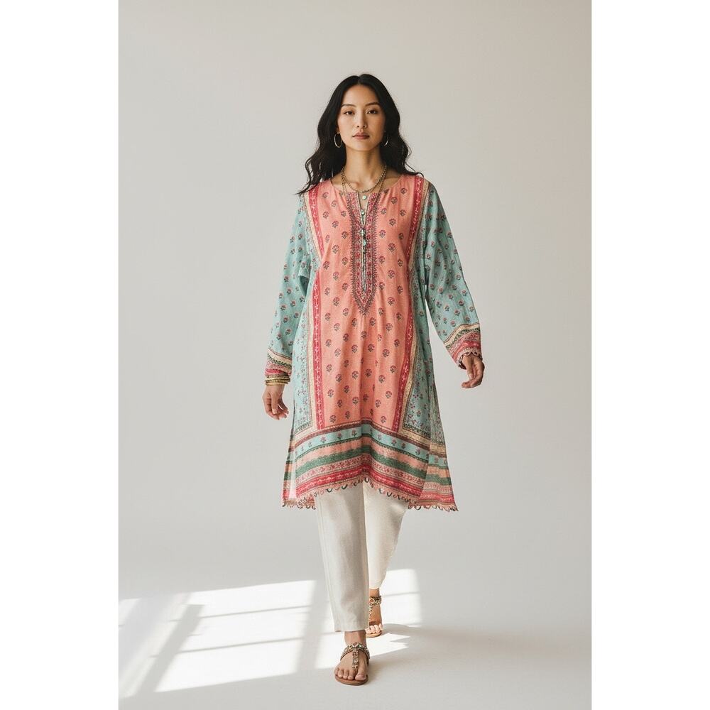Sadabahar Pakistani Embroidered Kurti Tunic Aqua Mint Pink Floral M